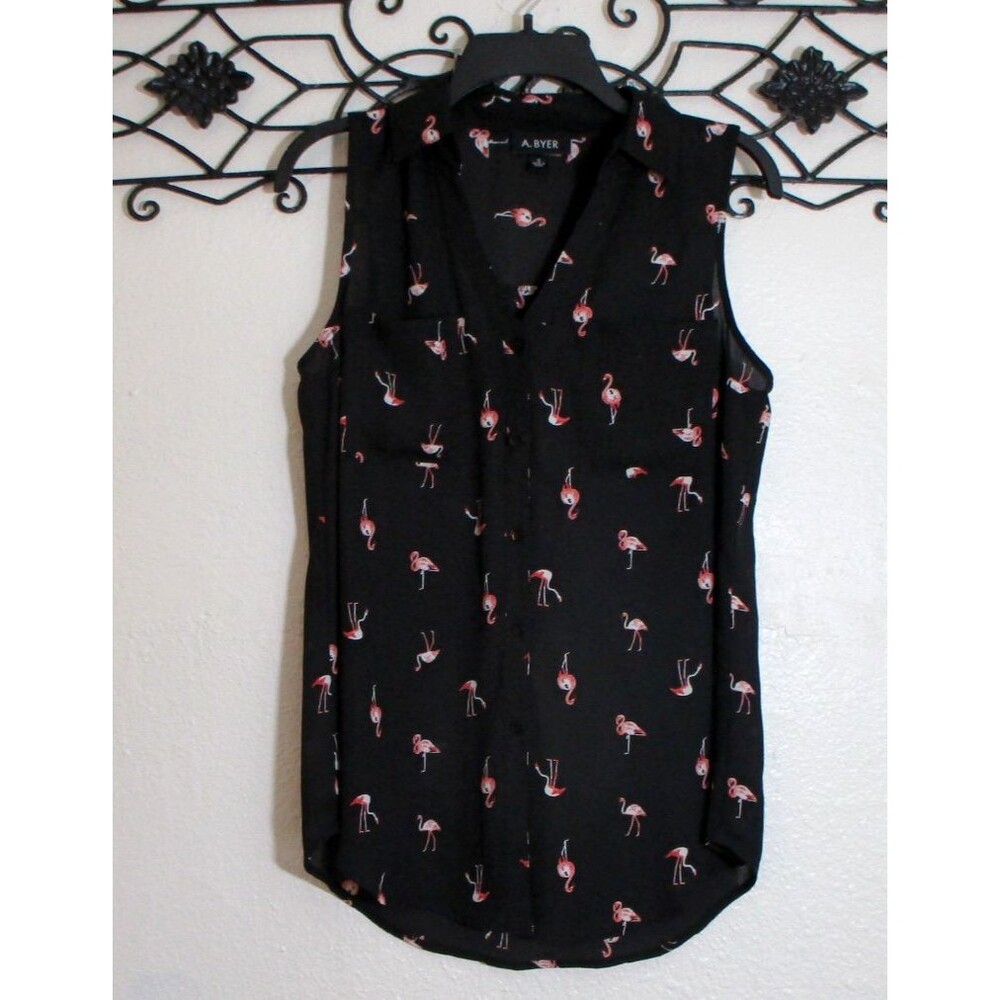 A. Byer Women's Top Size S Sleeveless Black Flamingo